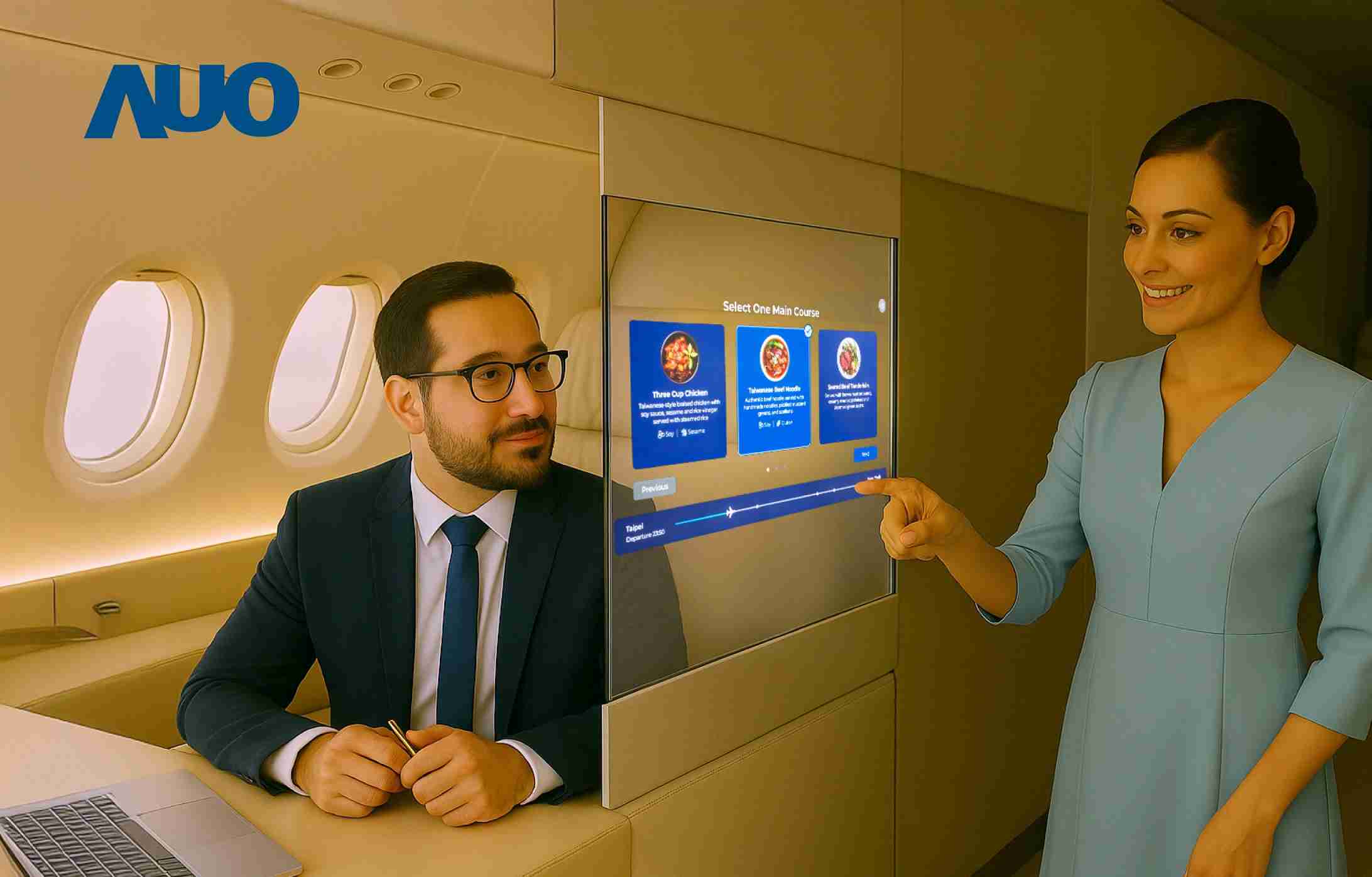 龙门国际研发全球最薄17.3 吋双面透明 Micro LED 显示器，，，，可在同一屏幕之双边投射不同信息，，创造独特的”透明化”互动；图为实时翻译交流应用情境